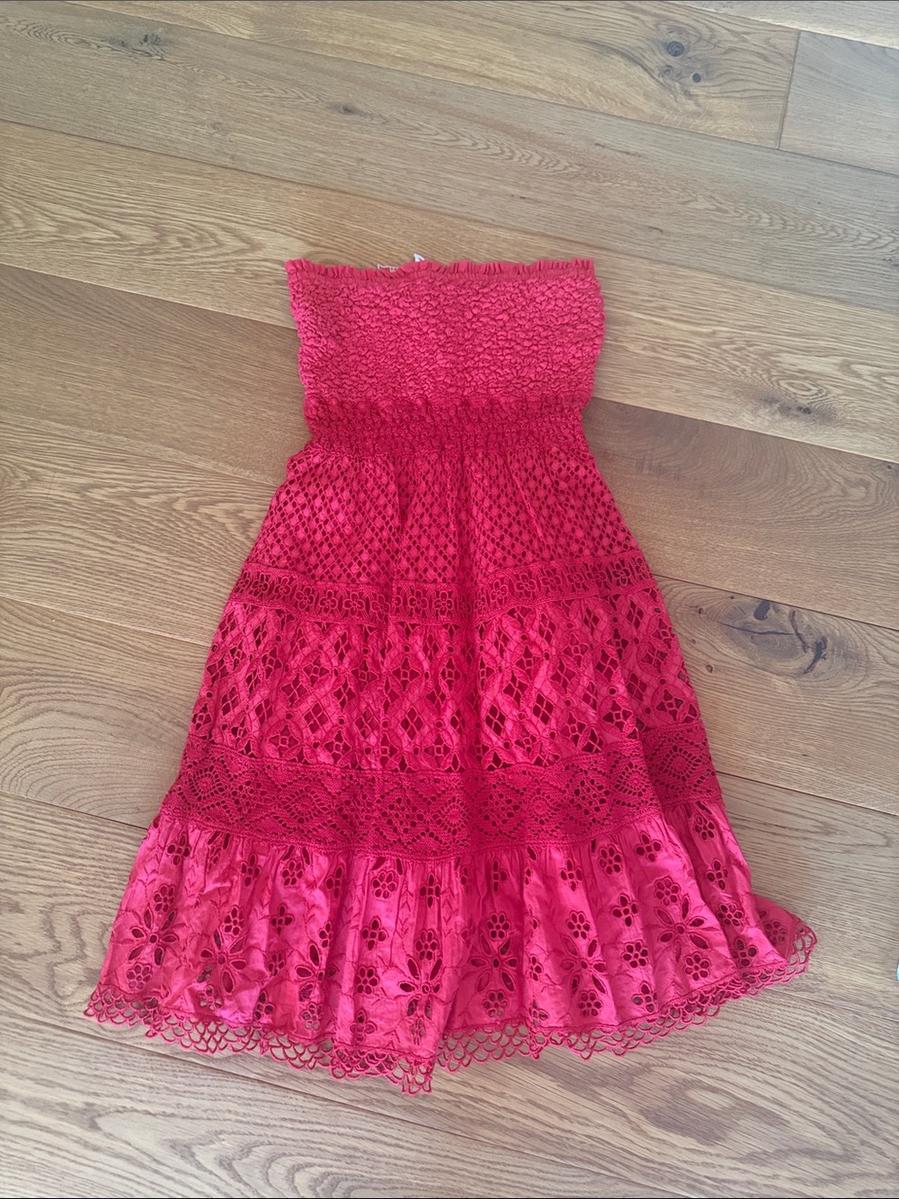 Strapless Red Lace Sundress with Smocked Bodice